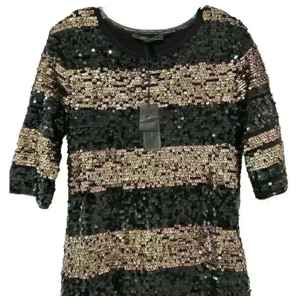 BCBGMAXAZRIA NWT Marta Black Gold Dress Size L Allover Sequin Striped Sheath - Picture 5 of 11